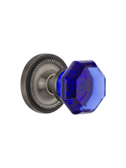 Rope Rosette Door Set with Colored Waldorf Crystal Glass Knobs Cobalt Blue in Antique Pewter.